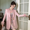 2023秋冬装法式宽松粉色缎面西装外套，中长款减龄西服女20932