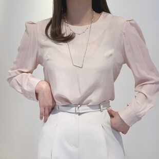 韩国chic春季减龄气质丝质圆领基础款内搭打底微透雪纺长袖衬衣女