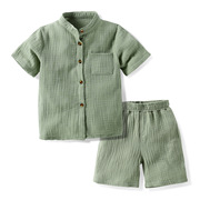 欧美跨境童装立领浅绿短袖衬衫棉短裤童套装休闲两件套家居服套装
