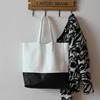 韩版潮女个性购物包黑白(包黑白，)撞色拼接头层牛皮手提单肩女大容量包包