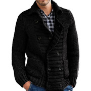 棕色流行简约商务秋冬男装，出口欧美毛衣，纯色翻领长袖针织外套开衫