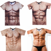 创意搞笑肌肉男t恤3d纹身，衣服立体图案个性，假腹肌胸肌肉短袖t恤潮