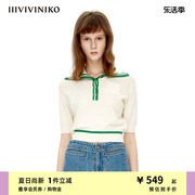 iiiviviniko夏季海军领半开襟短袖针织衫，女m230116601b