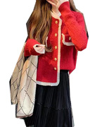 新年红撞色雪纺边圆领长袖单排扣毛线开衫女温柔风短外套甜美上衣