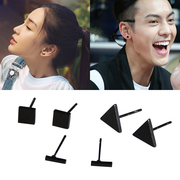 韩国简约几何形耳钉，网红耳钉个性组合男女基础，款钢情侣黑色耳环