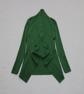 牌女深绿色长袖立领收腰垂感一粒扣敞身开衫中长款羊毛衣