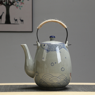 2升陶瓷大茶壶手绘复古泡茶壶凉水壶铁制，手柄提梁壶餐厅水壶家用