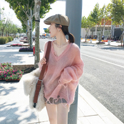 韩国女装v领针织衫2023秋薄款宽松中长外穿马海毛毛衣