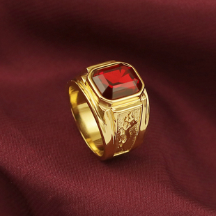 欧美男士霸气戒指复古龙纹戒子，男生钛钢镀18k金色仿红宝石食指环