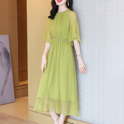 真丝连衣裙女2023夏季高端精致遮肚子减龄气质绿色桑蚕丝长裙