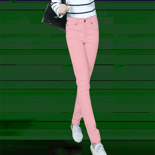 2023年秋冬韩版修身显瘦弹力彩色铅笔，裤粉色可爱小脚牛仔长裤