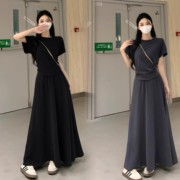 大码胖mm夏季洋气简约甜美纯色短袖T恤上衣裙子半身裙时尚套装女