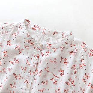 日式安静的棉纱上衣 复古感红色系小碎花印花 气质立领衬衫女中袖