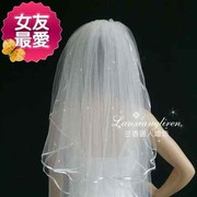 新娘婚纱头纱发梳三层造型头纱带纯手工粘珠韩式包边白色网i