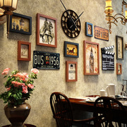 美式复古照片墙装饰创意，鹿头相框墙带钟表组合餐厅背景相片墙挂饰