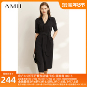 Amii2023夏季衬衫连衣裙配腰带小黑裙女收腰衬衣裙长款裙子