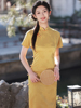 黄色提花缎旗袍，2023年夏季新中式国风高端气质，年轻款少女连衣裙