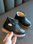 儿童鞋雪地靴2023冬季新女童(新女童)短靴子小童，流苏靴宝宝防水皮靴马丁靴