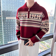 民族风红色毛衣男冬季潮牌半拉链针织衫高级感圣诞毛线衣外套