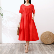 夏红色高端短袖苎麻连衣裙女高腰显瘦中长款旅行文艺宽松大码