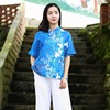 民族风夏季苎麻短袖衬衫女 文艺中式立领印花蓝色宽松短款上衣