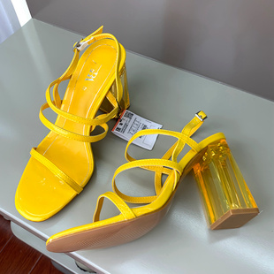外贸原单西班牙ZA家方头细带后空水晶跟仙女罗马凉鞋黄色高跟鞋女