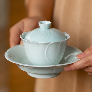 景德镇荷花瓣葵口中式影青陶瓷三才，小盖碗单个功夫家用茶具不烫手