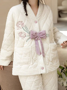夹棉睡衣女秋冬季加厚珊瑚绒三层保暖可外穿家居服套装月子服