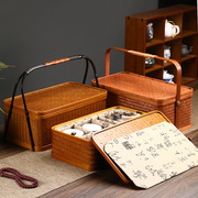 复古竹编提篮食盒，双层带盖长方形，手提茶箱功夫茶具收纳盒旅行便携
