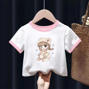 纯棉女童拼接短袖T恤夏季中小儿童宝宝洋气卡通印花半袖上衣