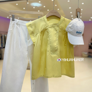 韩版宽松圆领无袖洋气甜美飞飞袖坎肩黄色衬衫减龄法式上衣女夏季