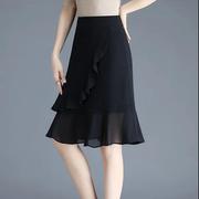 黑色雪纺短裙半身裙女夏季2023裙子，高腰显瘦a字鱼尾裙包臀裙