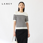 lancy朗姿2024夏季经典黑白条纹，针织衫肩扣设计感短袖时尚上衣女