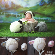 小羊帽子男童女孩白色小羊公仔新生儿摄影道具耳朵帽羊帽宝宝拍照
