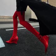红色高跟鞋高级感～小白同款包头真皮婚鞋性感漆皮尖头坡跟凉鞋女