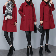 冬季女修身子显瘦冬天衣服黑色红色纯色，长袖中长款口袋毛呢外套