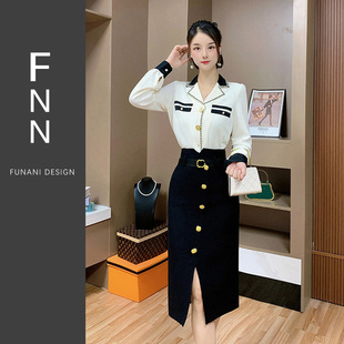 芙娜妮法式设计感长袖黑白时尚小香风收腰显瘦2024两件套F2330707