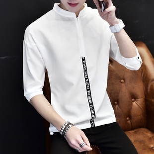 男士短袖衬衫男夏季韩版白色，五分潮流t恤7分七分袖春秋bf个性衣服