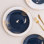 墨色原创中式陶瓷盘子菜盘家用 网红创意骨瓷餐具套装西餐盘 瑞鹤