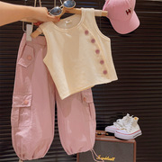 粉红屋女童两件套2023夏季美式抽绳工装裤斜扣无袖背心套装
