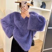 时髦慵懒v领宽松毛衣外套上衣韩国风(韩国风，)款袖子设计显瘦长毛毛紫色咖