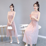 2021夏季粉色无袖雪纺，连衣裙中长款女装韩版时尚，修身裙子长裙