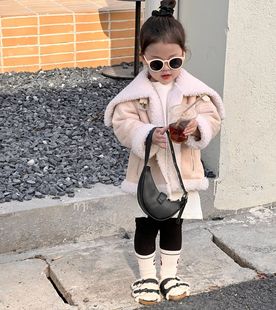 儿童羊羔毛皮衣(毛皮衣，)加绒加厚外套2022冬韩国女童皮毛一体大翻领机车服
