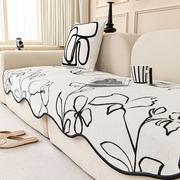 黑色花朵异形沙发垫四季通用客厅直排三人沙发不规则防滑坐垫盖布