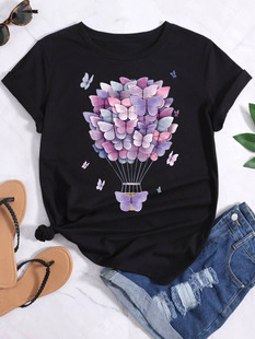 hotairballoont-shirt夏季蝴蝶，花朵热气球印花圆领创意t恤短袖