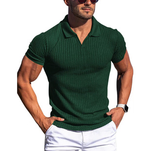 men's polo t-shirt欧美男装，polo衫翻领v领竖条纹短袖男士t恤