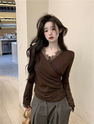 韩版设计感交叉蕾丝拼接t恤秋冬修身显瘦加绒内搭上衣长袖打底衫
