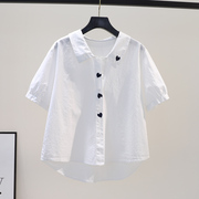 法式白色棉麻衬衫女夏设计感爱心绣花休闲亚麻衬衣别致五分袖上衣