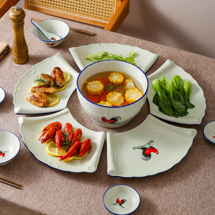 80年代港风公鸡过年拼盘餐具组合套装陶瓷家用碗，盘子菜盘团圆年饭