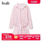 b+ab女装长袖连衣裙夏季通勤休闲腰身卷褶条纹U1183I